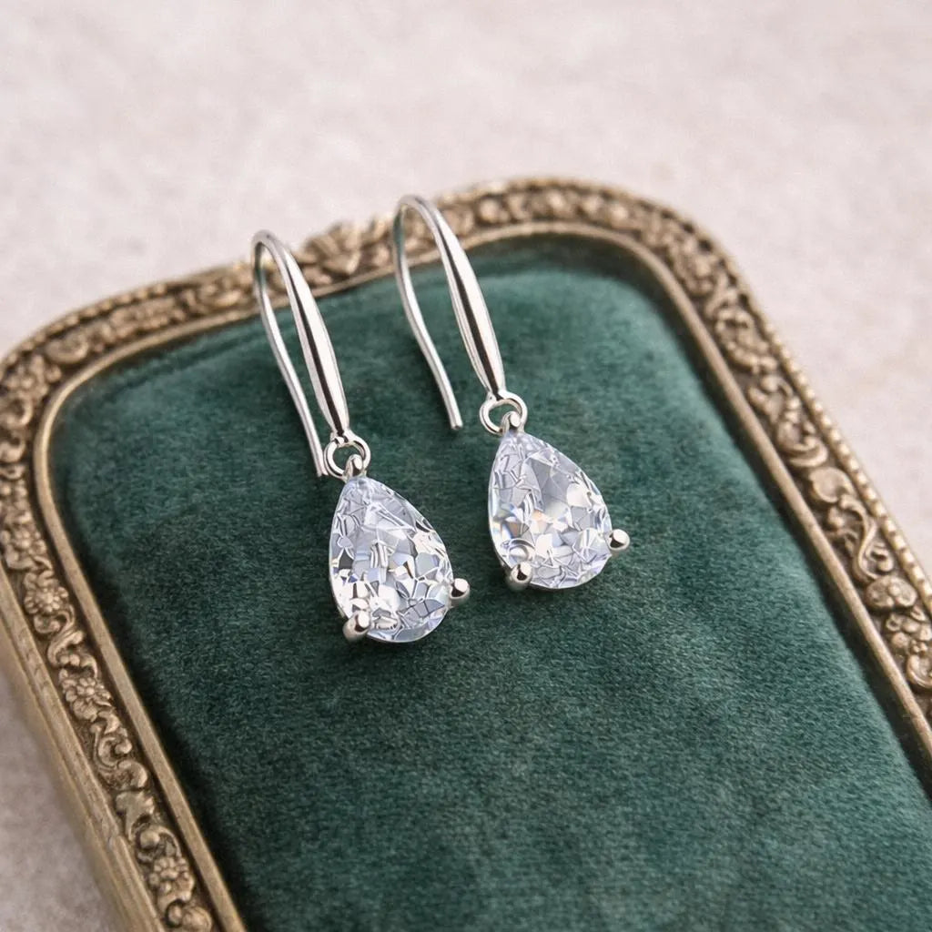 Teardrop Crystal Earrings: Sterling Silver Hooks, CZ Diamond Simulation