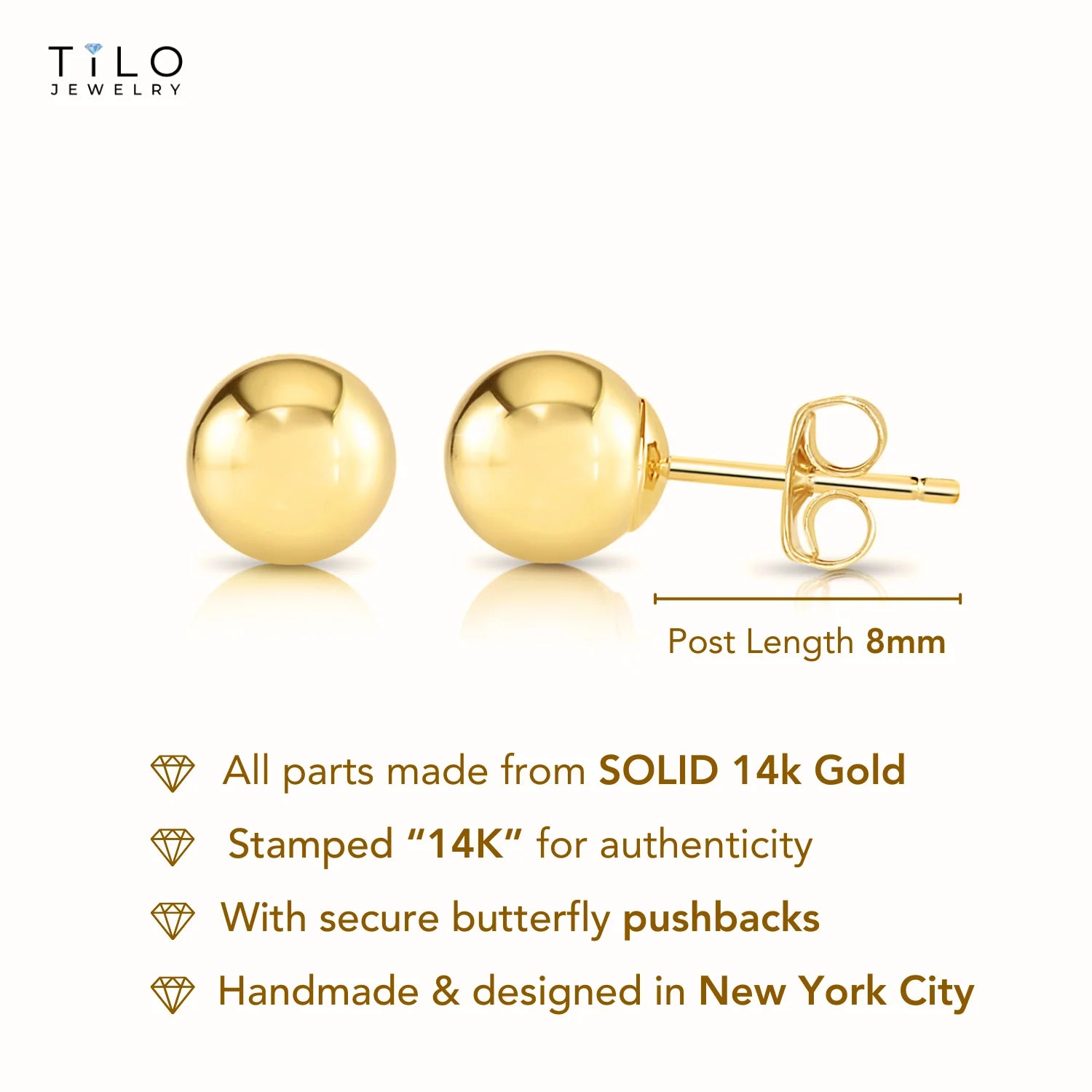 14K Yellow Gold Ball Stud Earrings with Pushbacks, with High Polish Finish