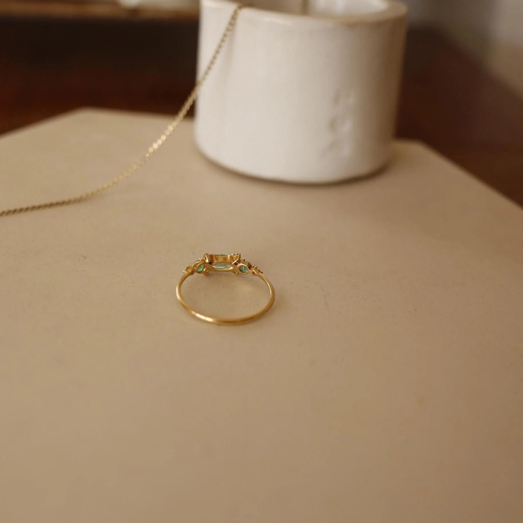 Emerald and Diamond Ring, 18Ct Yellow Gold, Navette Emerald, Handmade Fine Jewellery