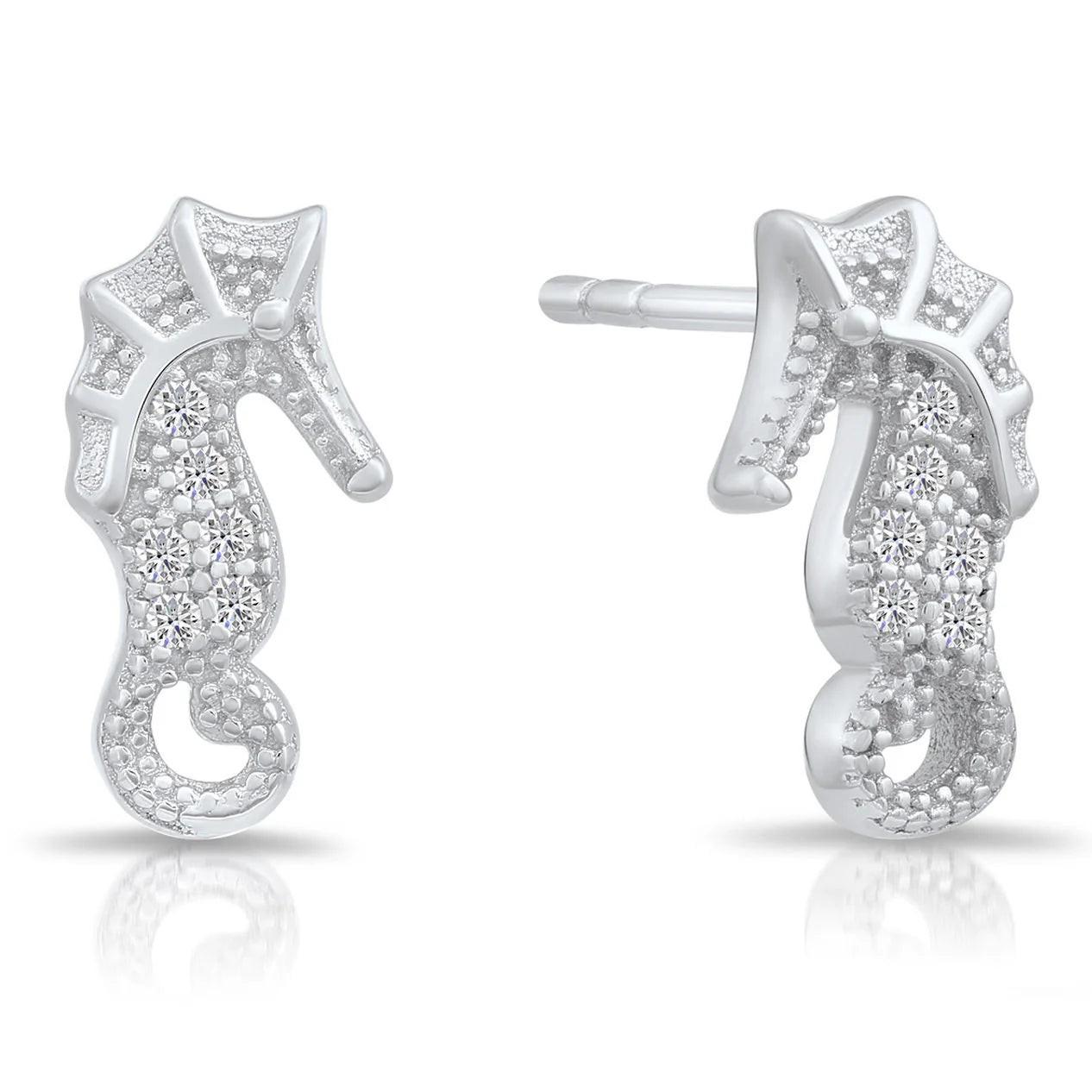 Enchanting CZ Seahorse Stud Earrings in Elegant Sterling Silver.