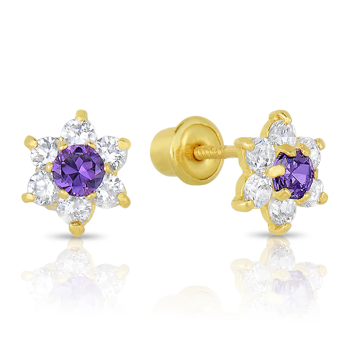 14K Yellow Gold Birthstone Halo Flower Stud Earrings, Available in 12 Colors