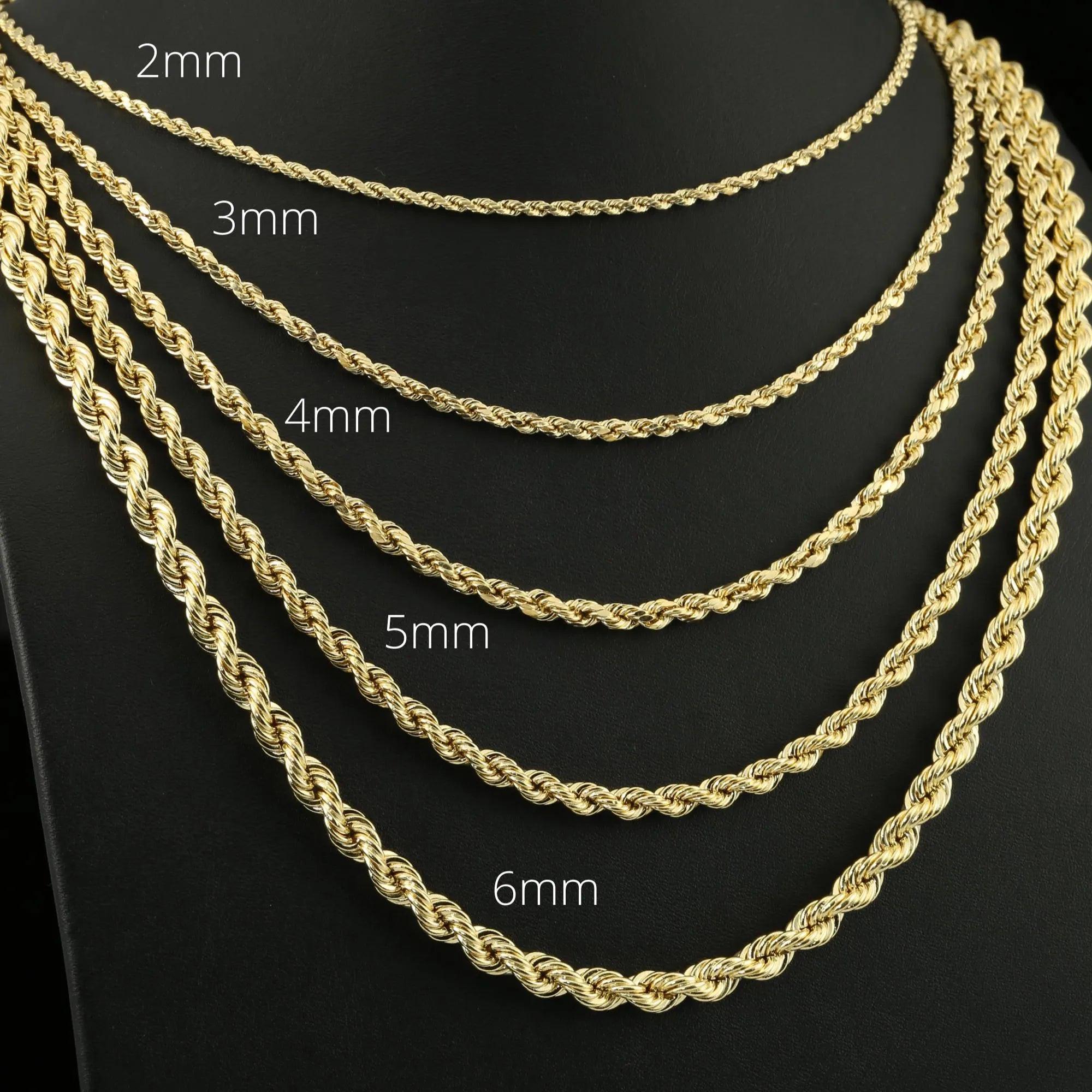 Elegant 10K Yellow Gold Rope Chain Necklace – Solid Gold, 2-5mm, 16-24 Inch with Secure Lobster Clasp.