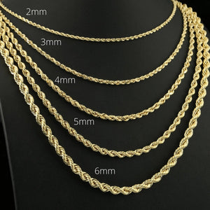 Elegant 10K Yellow Gold Rope Chain Necklace – Solid Gold, 2-5mm, 16-24 Inch with Secure Lobster Clasp.