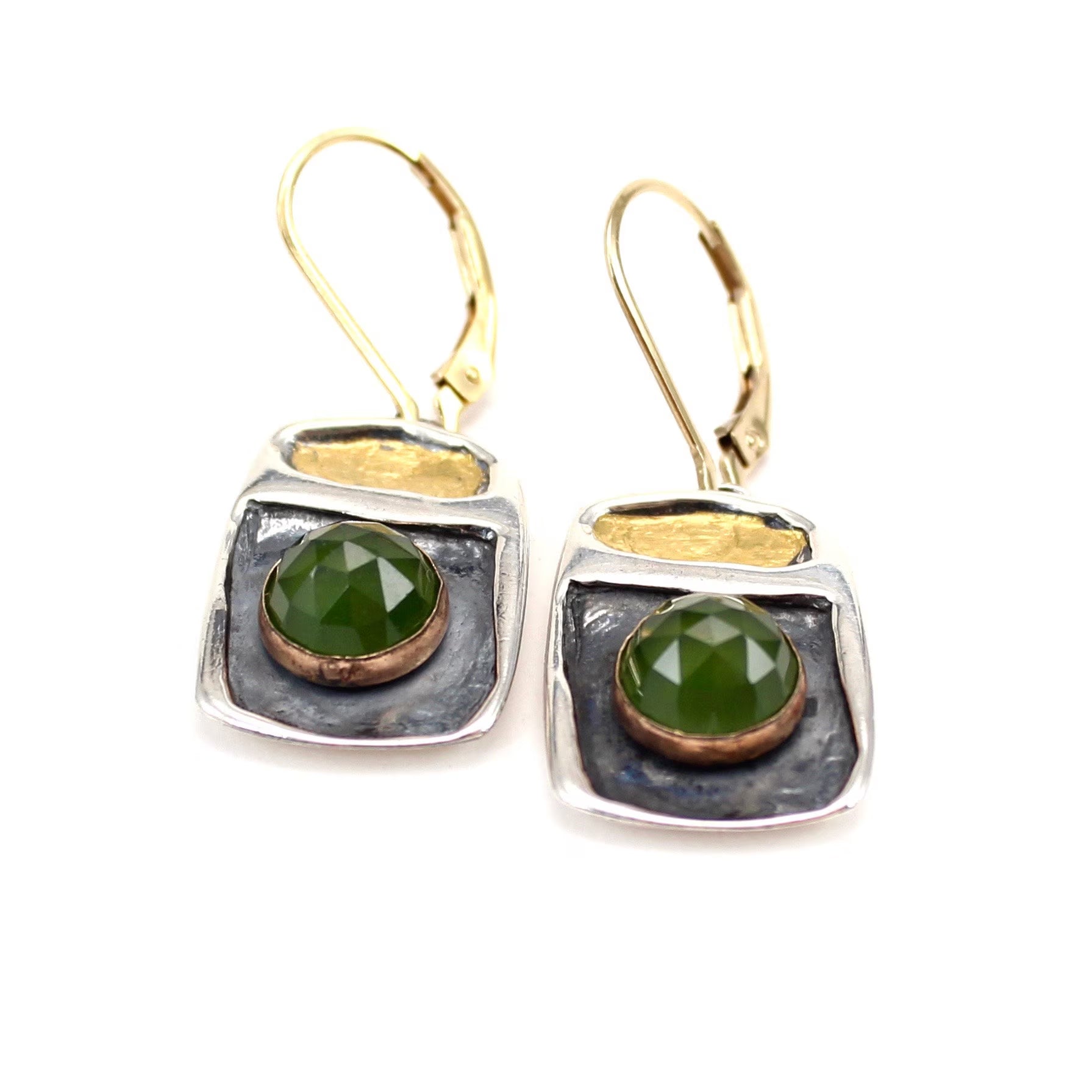 Green Serpentine Earrings: Sterling Silver, 24K Gold Keum-Boo