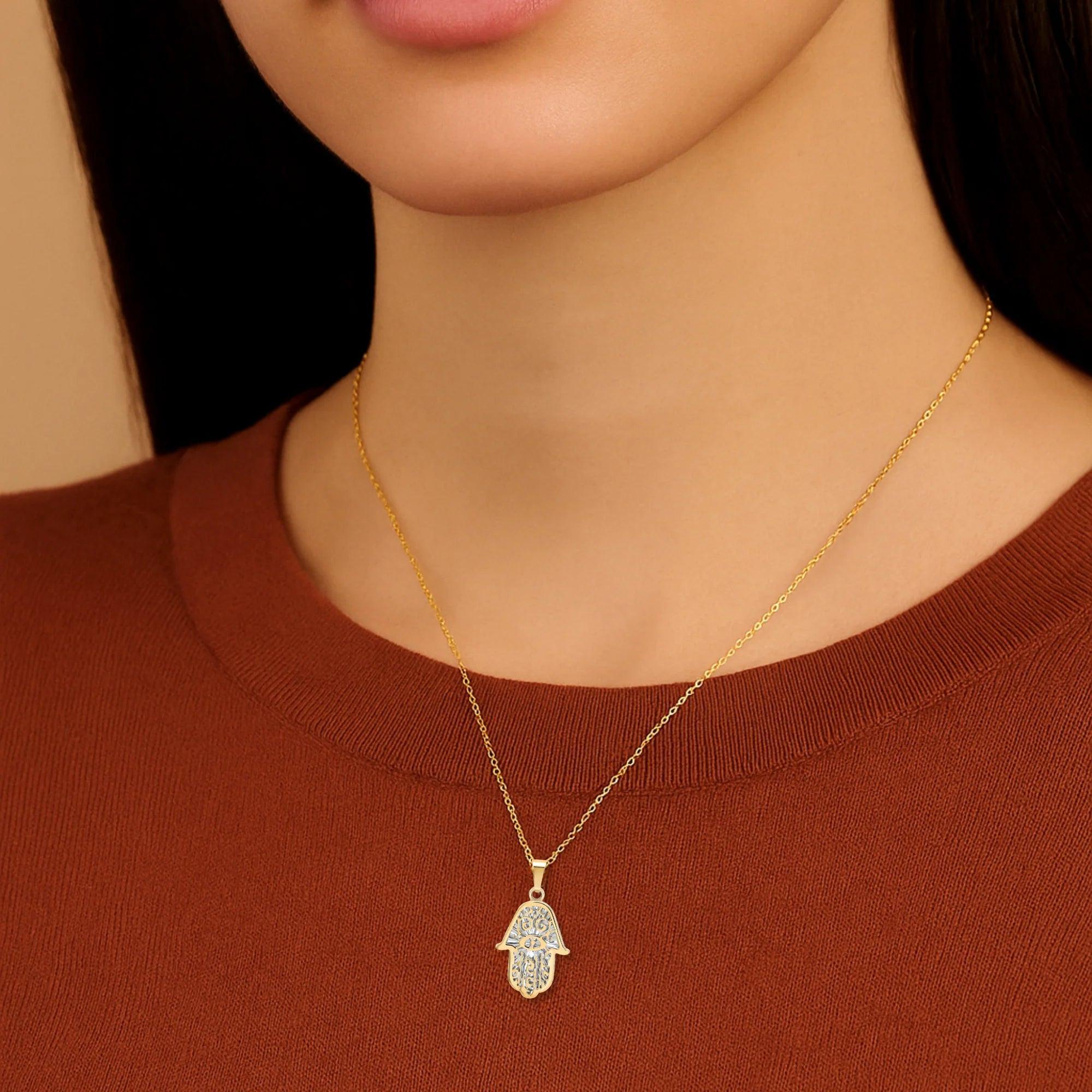 Stunning 14K Two-Tone Gold Hamsa Pendant Necklace with 18" Cable Chain.