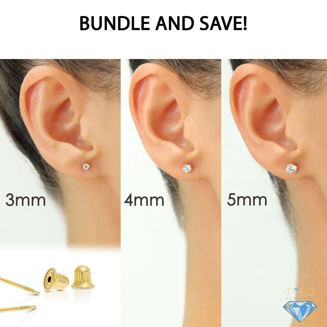 Bundle Set of 3! 14K Gold Classic Solitaire Stud Earrings, Screw-Back