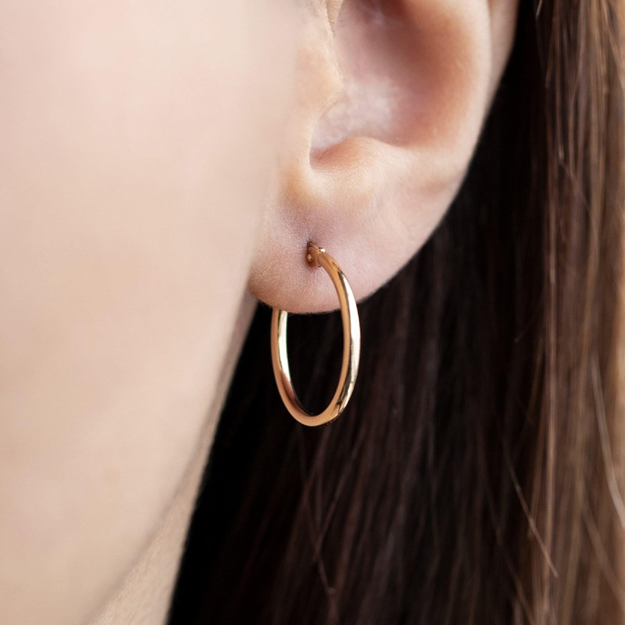 Elegant 14K Solid Gold Hoop Earrings - Classic Thickness, Available in Multiple Sizes (13mm, 18mm, 23mm, 32mm).