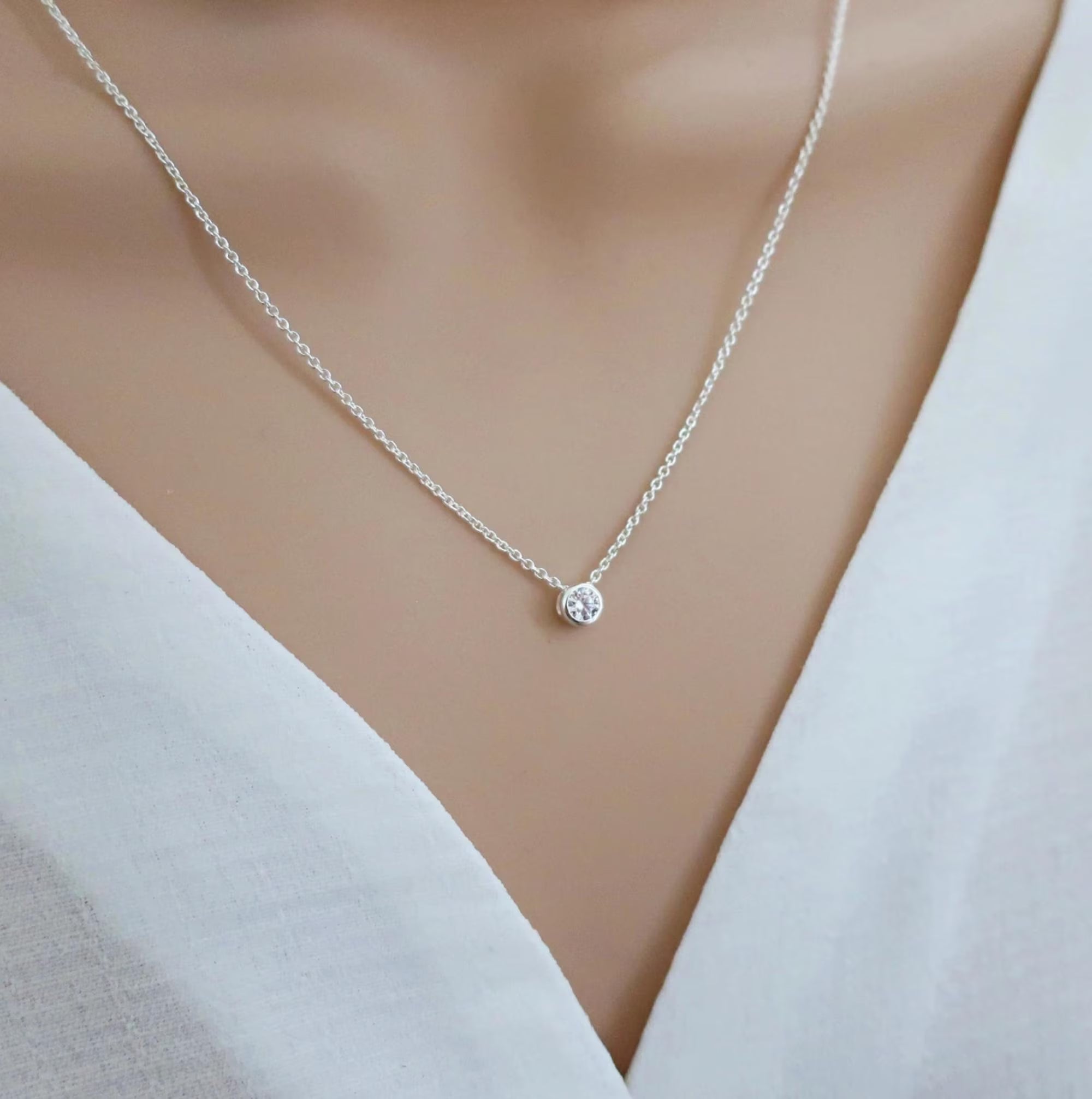 Cz Diamond Solitaire Crystal Necklace Sterling Silver, Bridesmaid Necklace Jewellery Gift, Tiny Cz Cubic Zirconia Wedding Necklace Jewellery