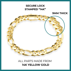 14K Yellow Gold Figaro Link Chain Bracelet, Sizes 7.25In-8.25In