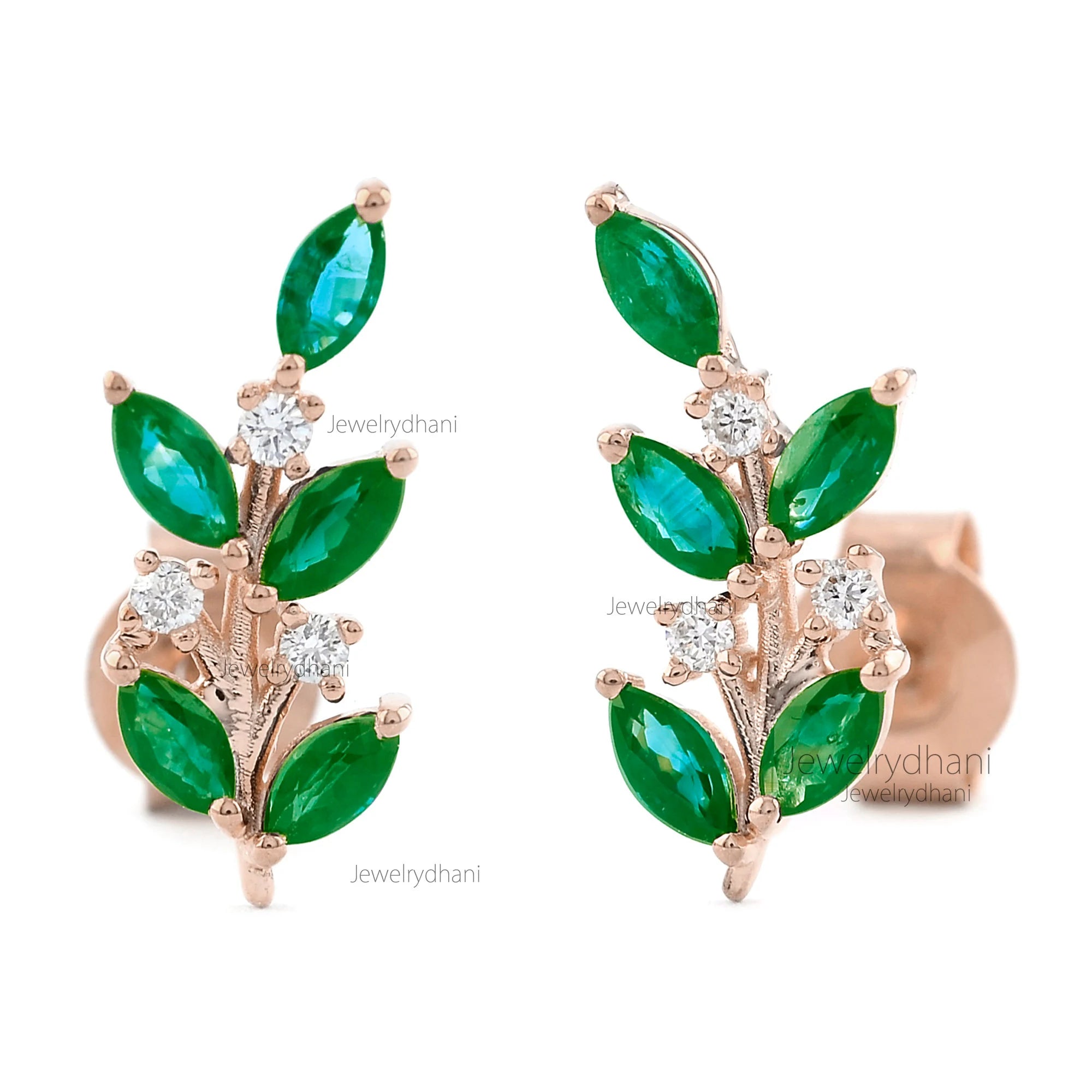 Emerald Leaf Climber Earrings: 18K Gold Diamond Cuff, Handmade