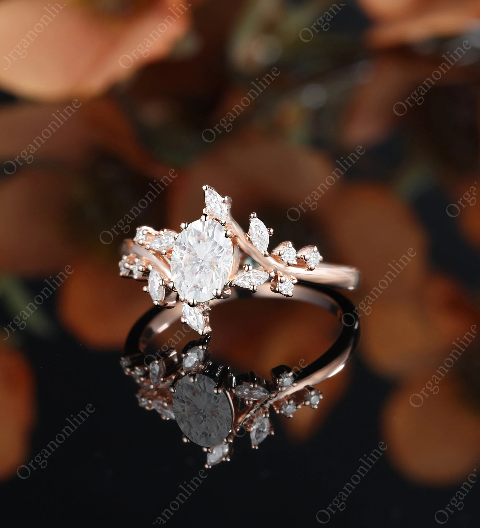 Oval Moissanite Engagement Ring Vintage Unique Marquise Cut Diamond Cluster Ring Rose Gold Engagement Ring Leaf Ring Bridal Ring Anniversary