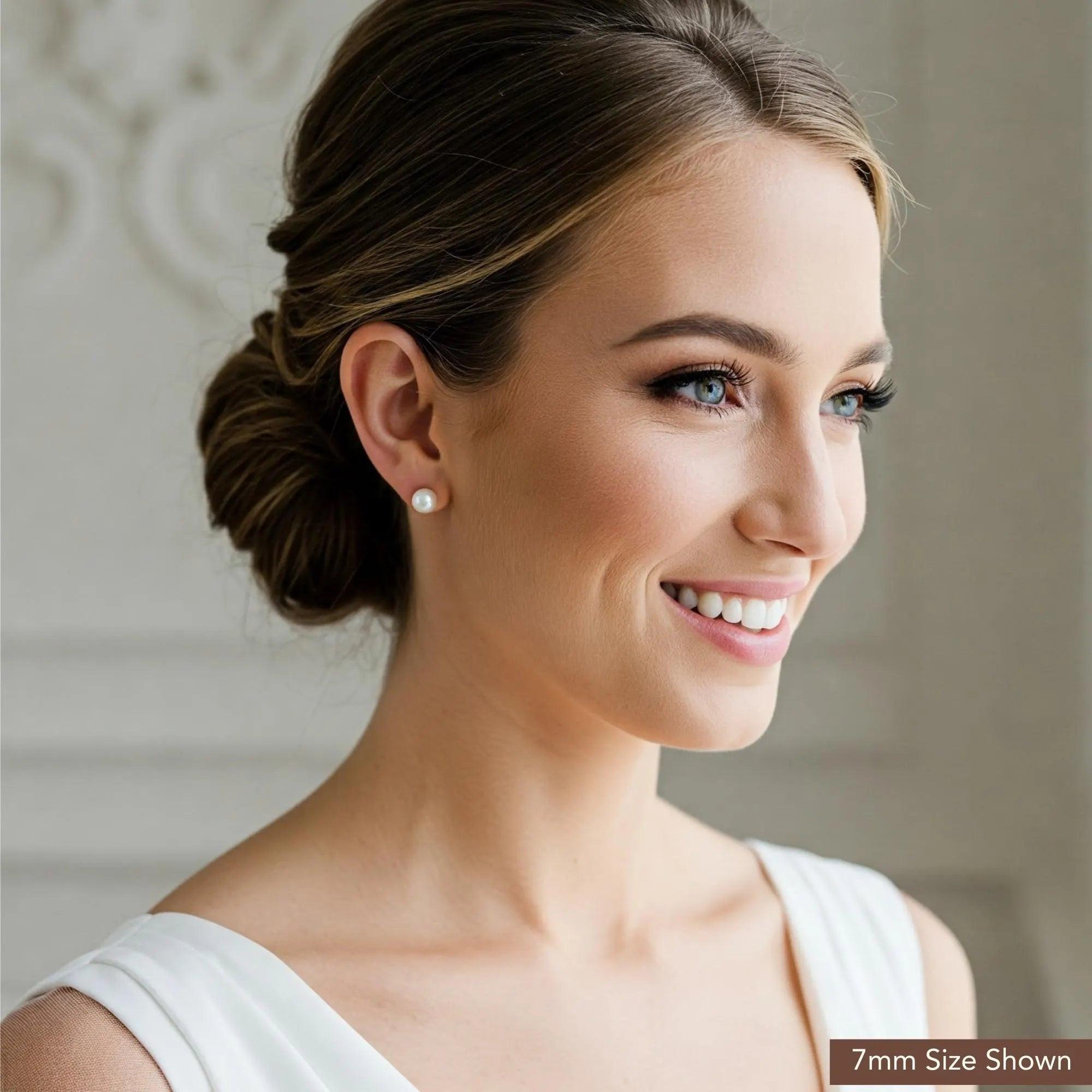 Lustrous 14K Gold Round White Freshwater Pearl Bridal Stud Earrings - Classic Gift for Her in 5mm, 6mm, 6.5mm, & 7mm.