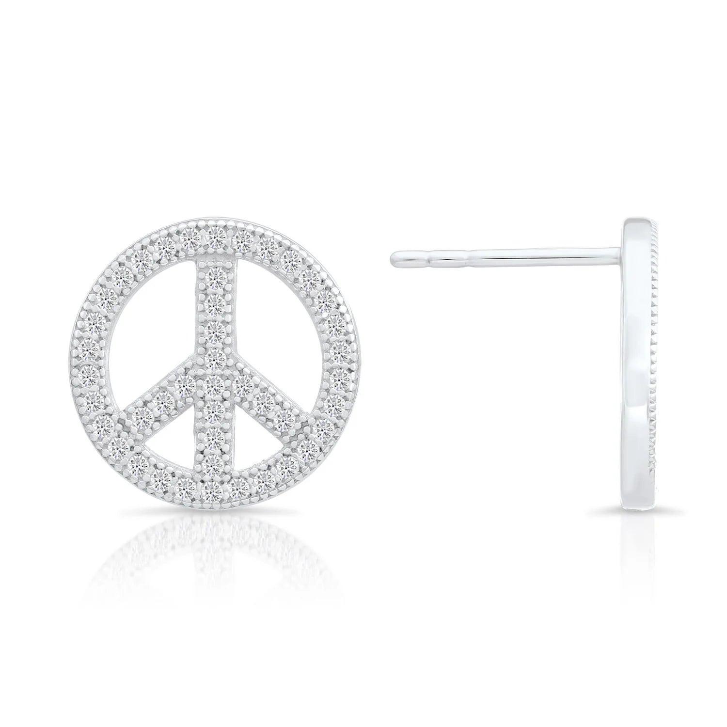 Sterling Silver CZ Small Open Peace Sign Stud Earrings – Trendy & Elegant Accessory.