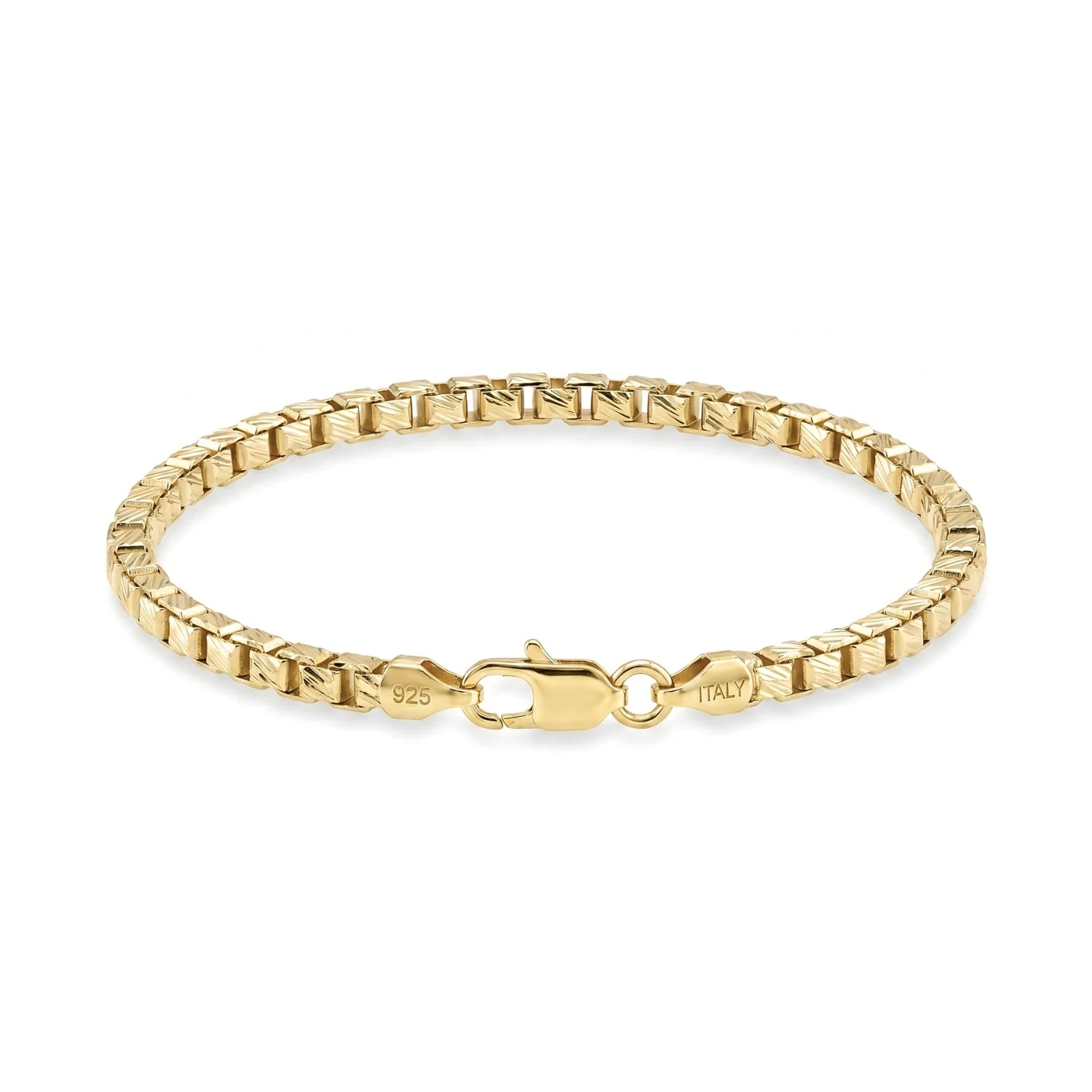 14K Gold Plated Italian Box Chain Bracelet, Solid Sterling Silver, with Lobster Lock