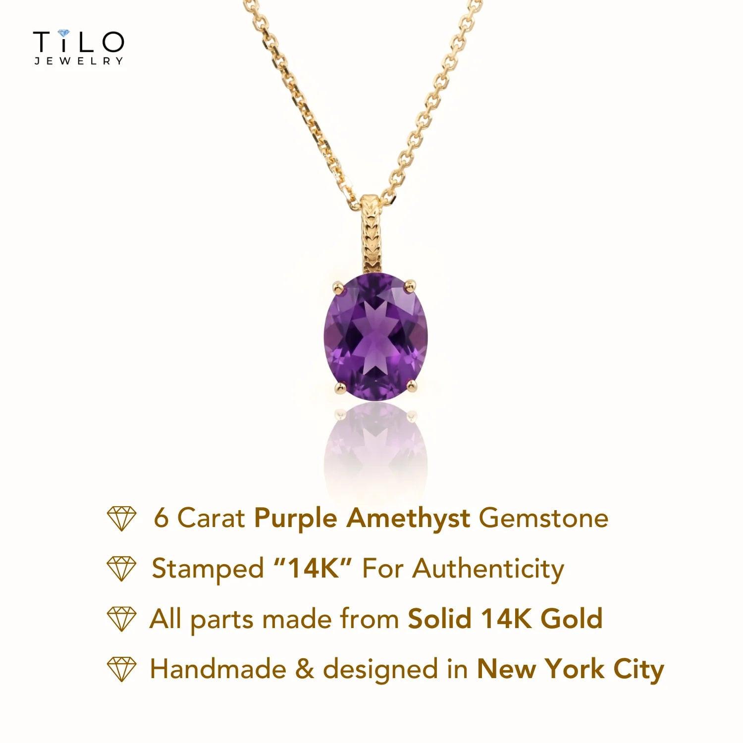 Elegant 14K Yellow Gold Oval Purple Amethyst Pendant Necklace.