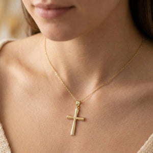 Elegant 14K Gold Classic Cross Pendant Necklace with 18" Cable Chain.