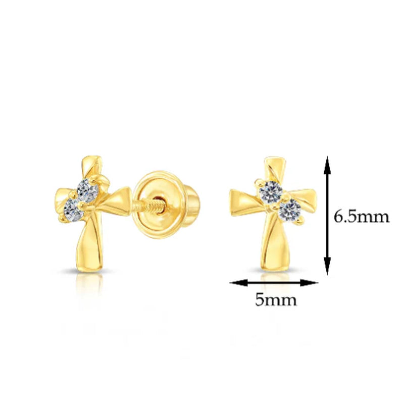 10K Yellow Gold Tiny Cute Cross Stud Earrings