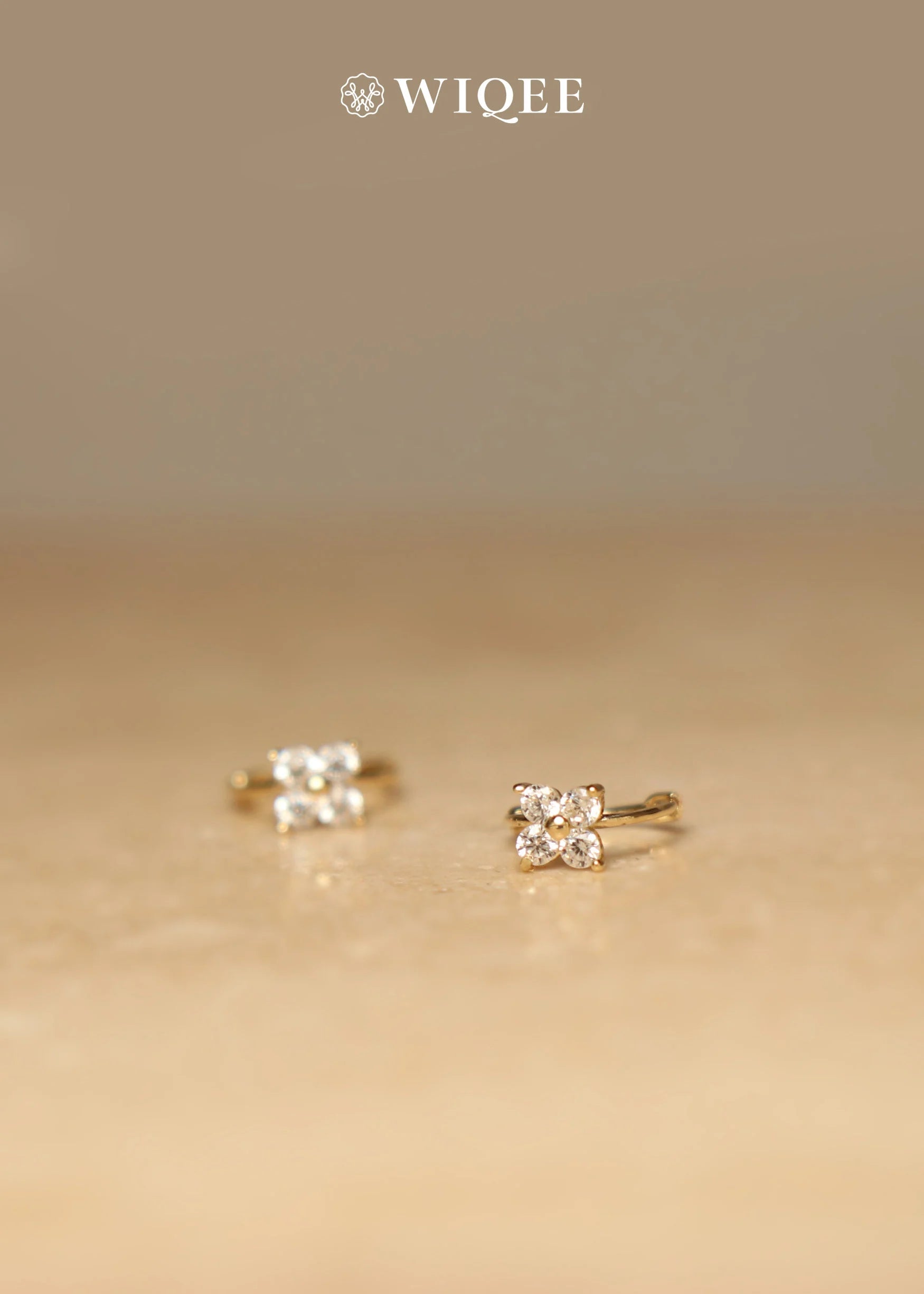 9K Solid Gold Flower Hoop Earrings, CZ Diamond Huggie Earrings