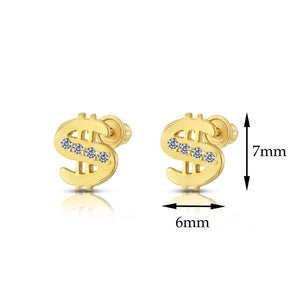 10K Yellow Gold Dollar Sign Stud Earrings, Unisex