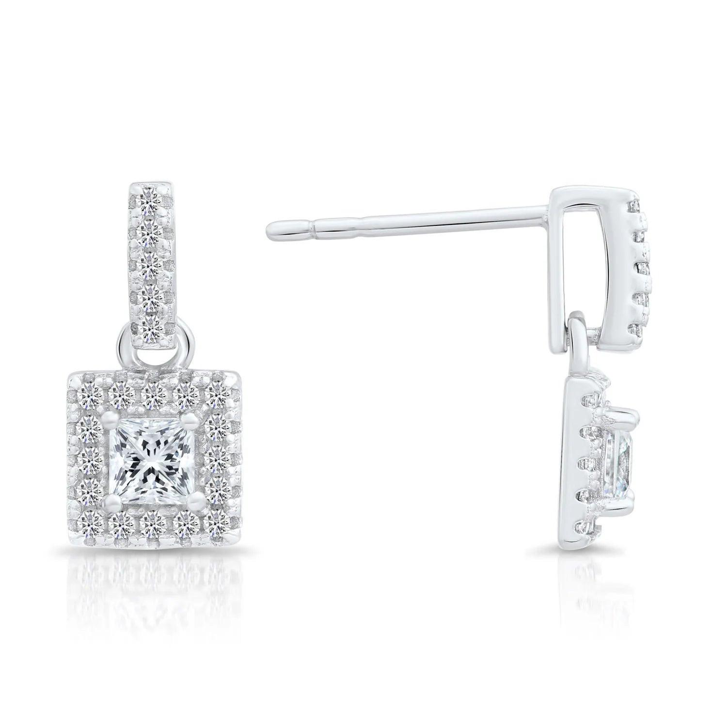 Elegant Sterling Silver CZ Square Princess Dangle Stud Earrings.