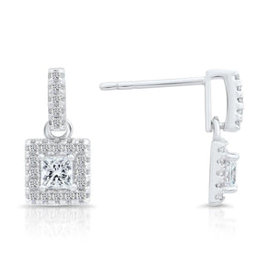 Elegant Sterling Silver CZ Square Princess Dangle Stud Earrings.
