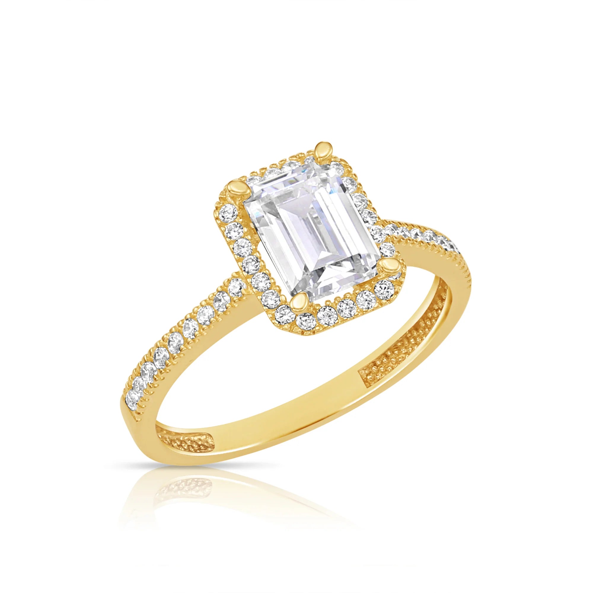 14K Yellow Gold Emerald-Cut Halo Engagement Ring with Side Stones