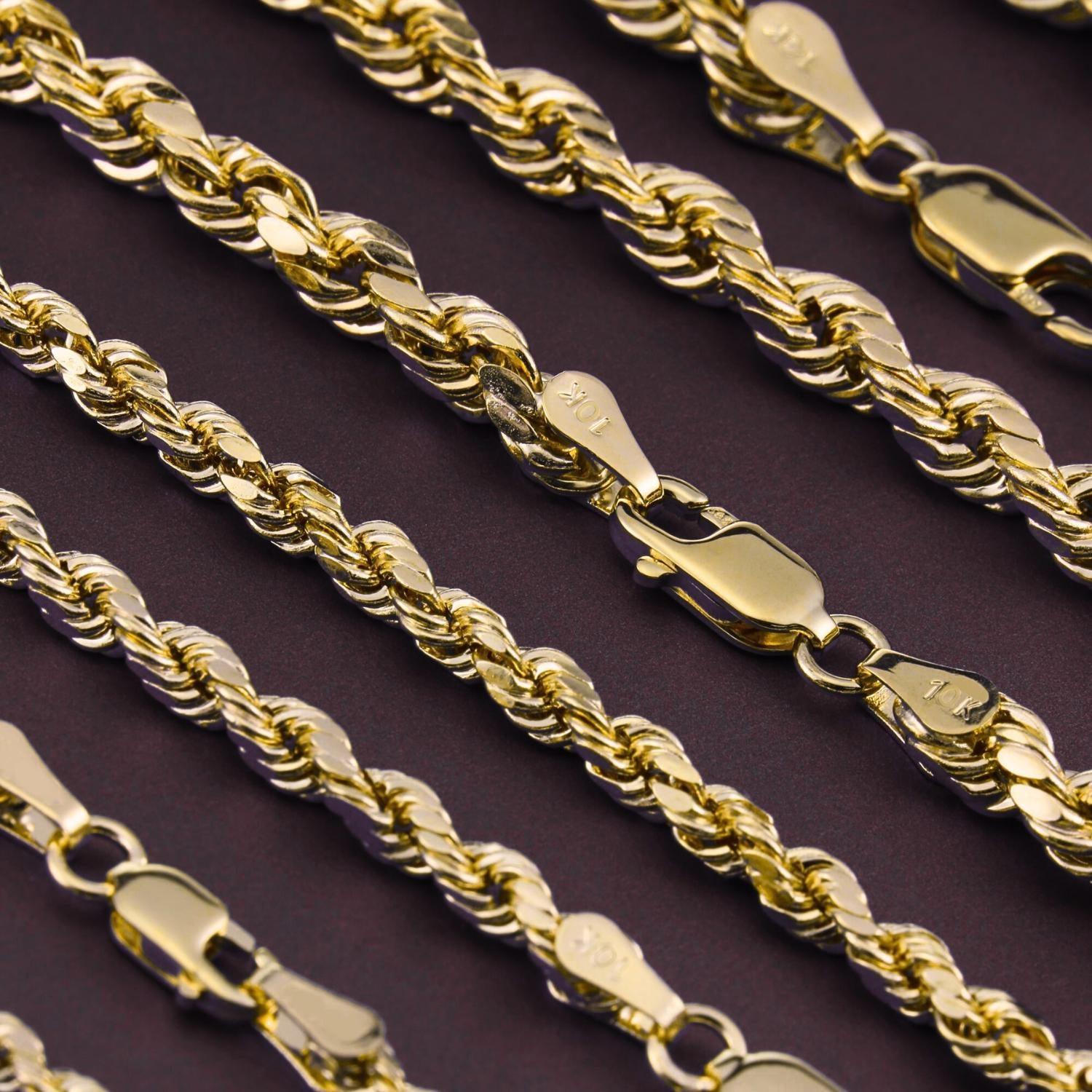 Elegant 10K Yellow Gold Rope Chain Necklace – Solid Gold, 2-5mm, 16-24 Inch with Secure Lobster Clasp.