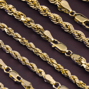 Elegant 10K Yellow Gold Rope Chain Necklace – Solid Gold, 2-5mm, 16-24 Inch with Secure Lobster Clasp.