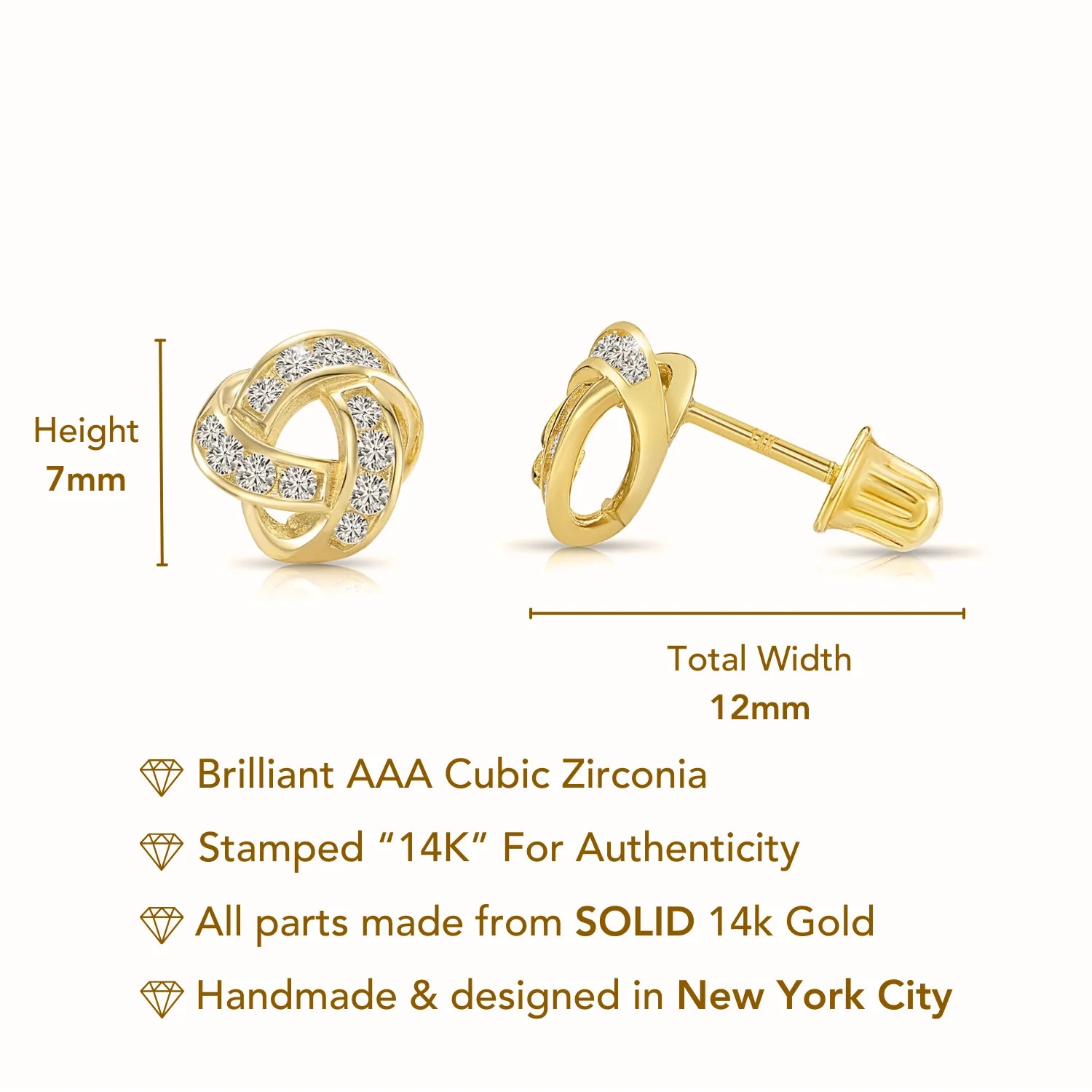 Solid 14K Gold Brilliant CZ Love Knot Twist Studs, 7Mm, with Screwbacks