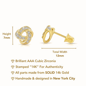 Solid 14K Gold Brilliant CZ Love Knot Twist Studs, 7Mm, with Screwbacks