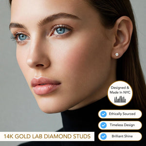 14K Gold Lab Diamond Stud Earrings, CVD Brilliant-Cut Diamond Studs, Classy round Diamond Studs, Wedding & Bridal, Pushback, by TILO Jewelry