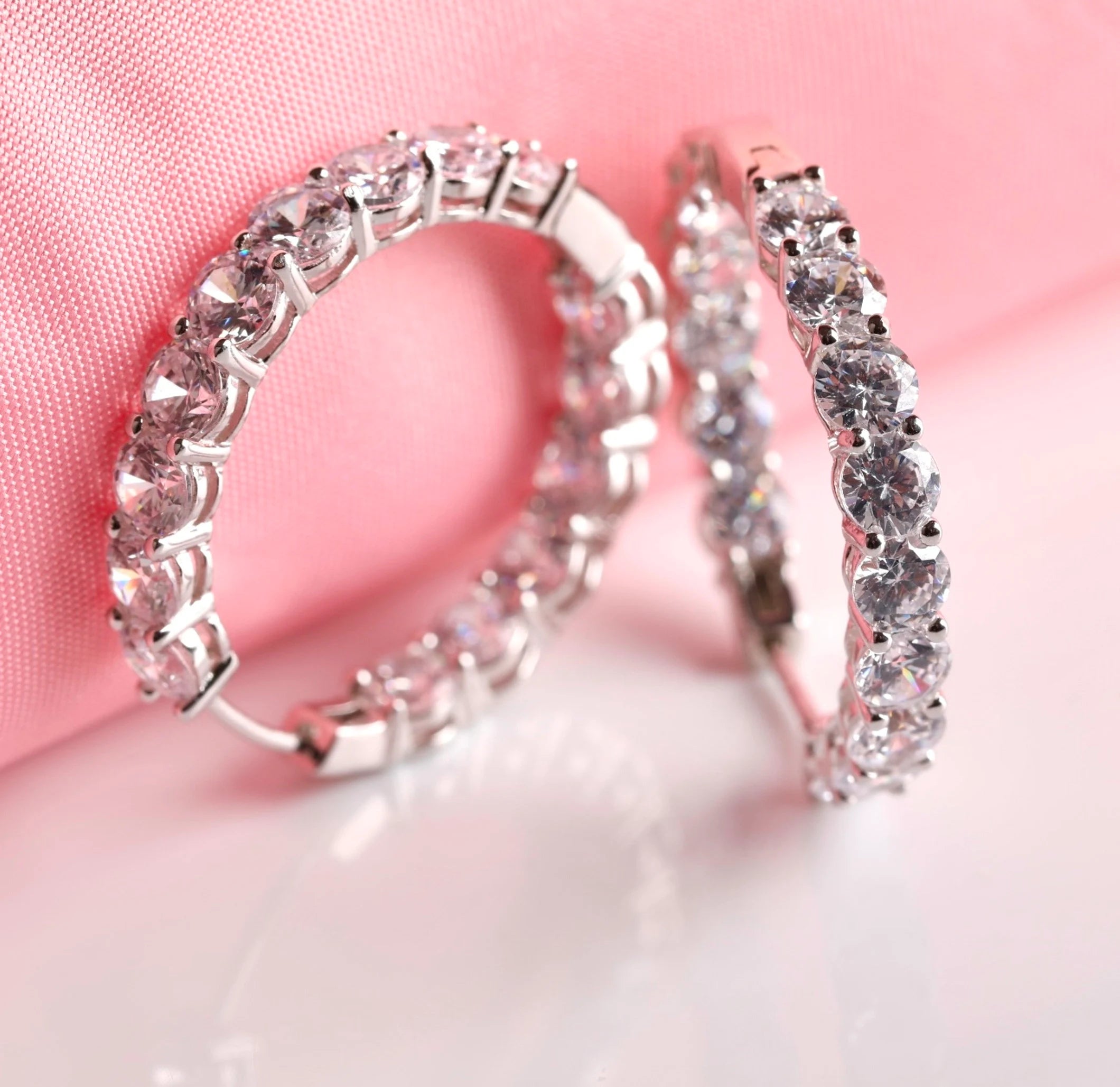 Hinged Hoop inside Out Earrings Set with round Simulated Diamonds 5A Cubic Zirconia in Rhodium Plated Sterling Silver 3Cm Diameter