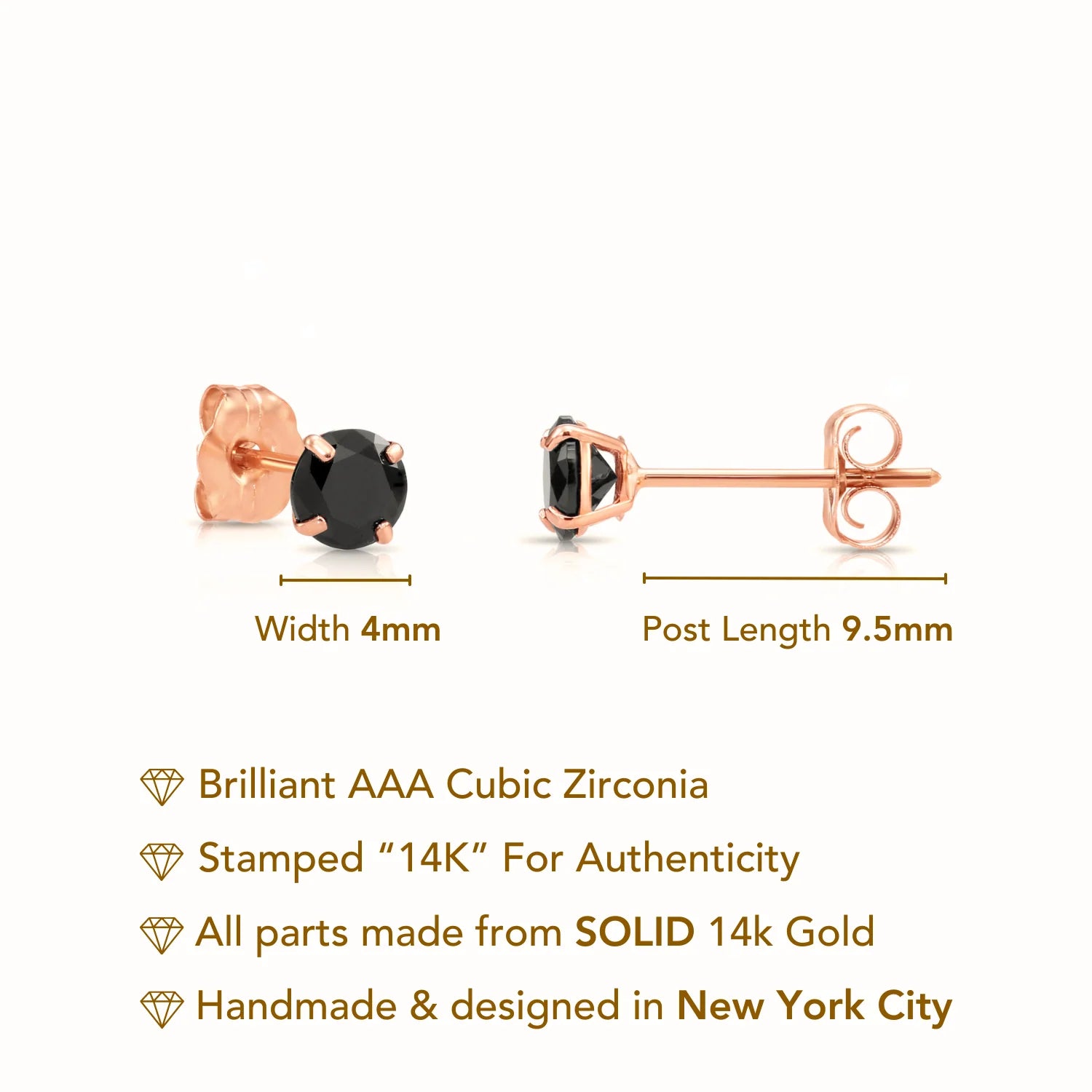 14K Rose Gold Black CZ round Studs, with Push-Backs, 4Mm
