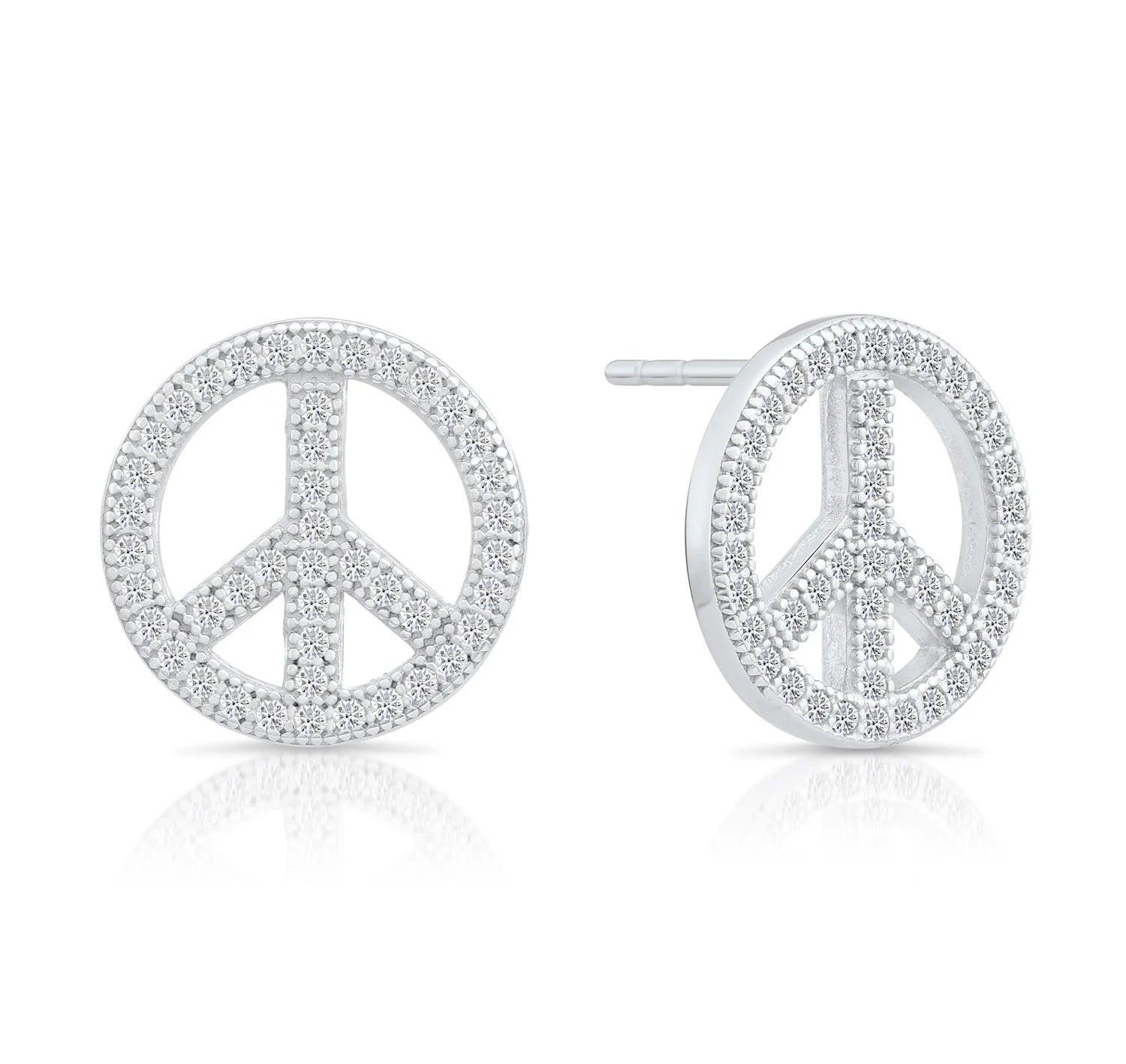 Sterling Silver CZ Small Open Peace Sign Stud Earrings – Trendy & Elegant Accessory.