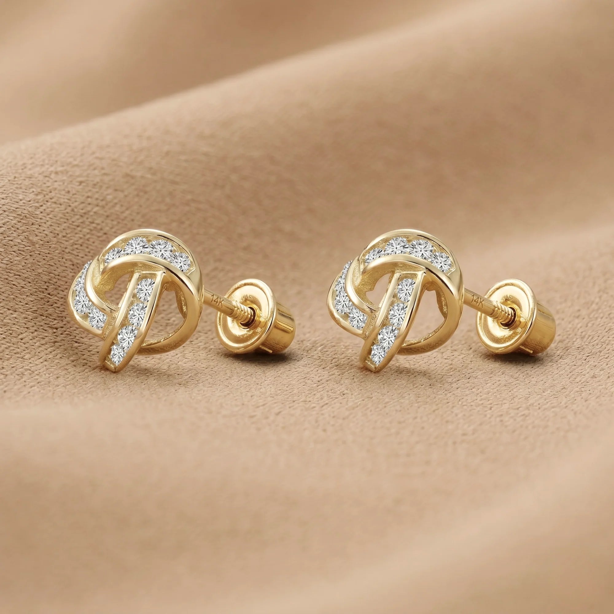 Solid 14K Gold Brilliant CZ Love Knot Twist Studs, 7Mm, with Screwbacks