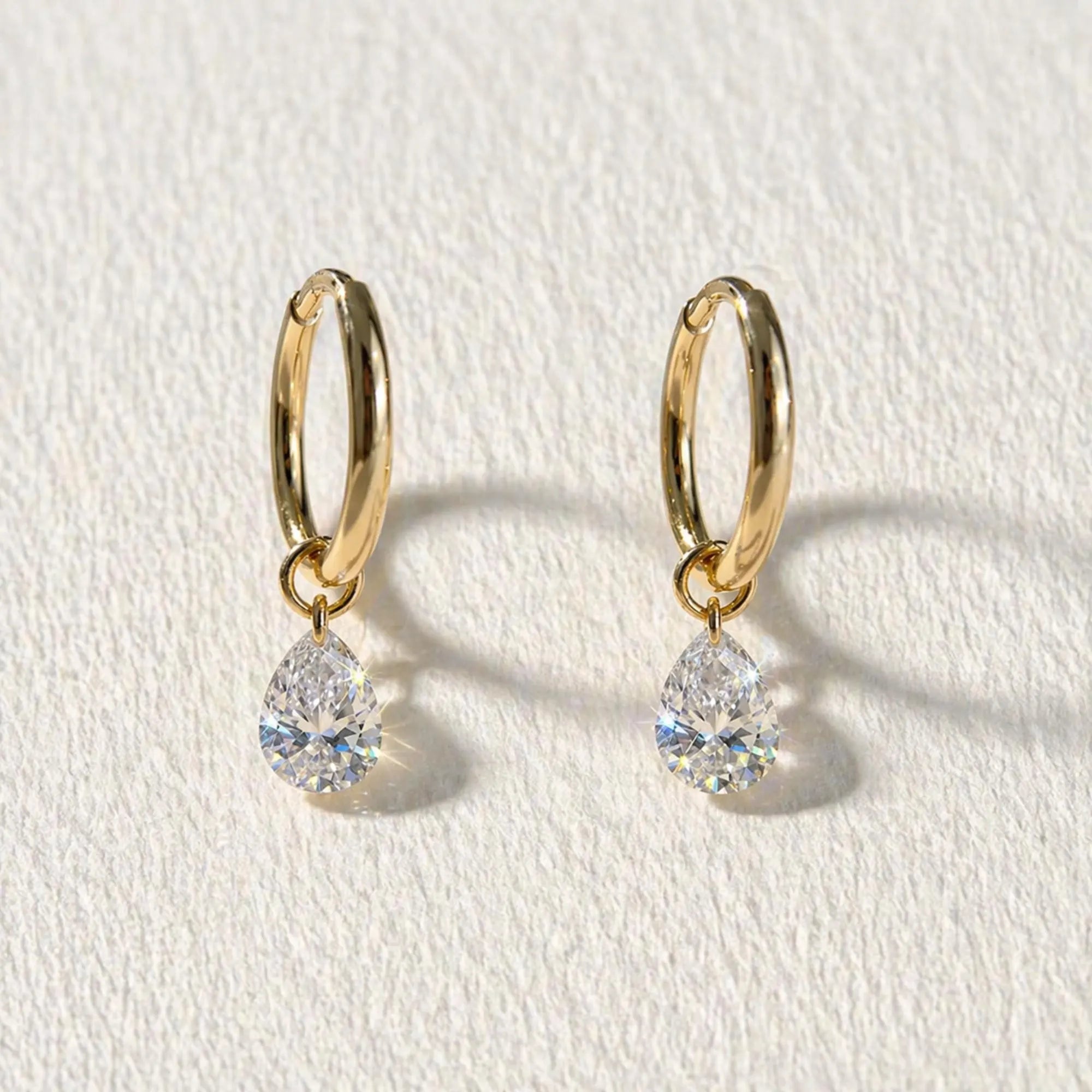 18K Solid Gold Pear Cut Lab Diamond Dangle Huggie Earrings | Minimalist Drop Charm
