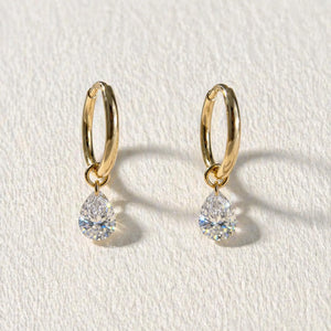 18K Solid Gold Pear Cut Lab Diamond Dangle Huggie Earrings | Minimalist Drop Charm