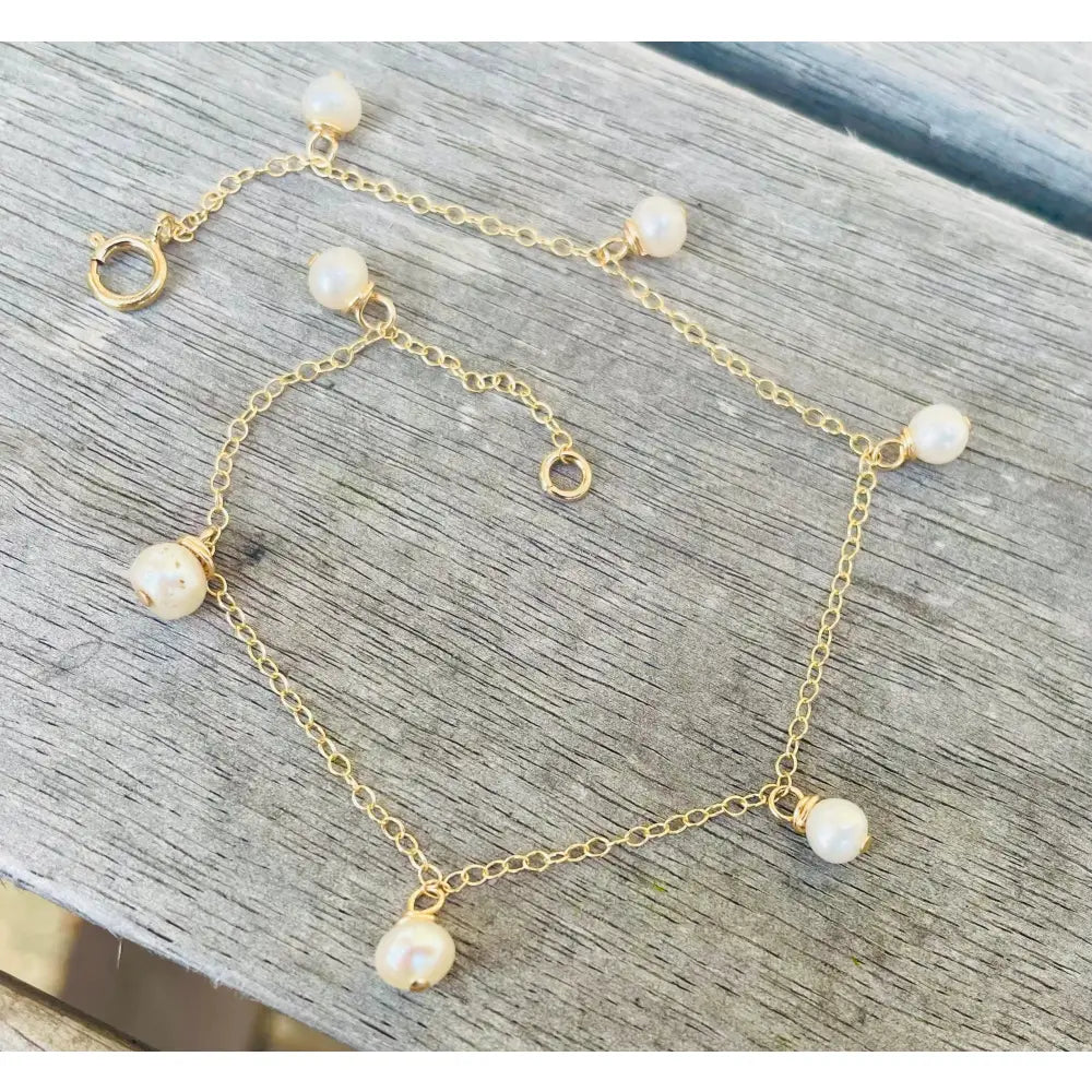 9Ct Gold Anklet: Dainty Ivory Freshwater Pearl Drop Ankle Chain