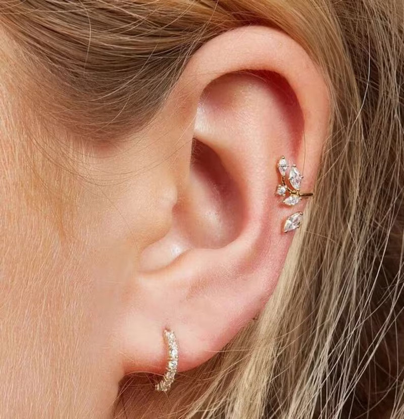 14K Gold Leaf Ear Cuff Diamond & Moissanite, No Piercing