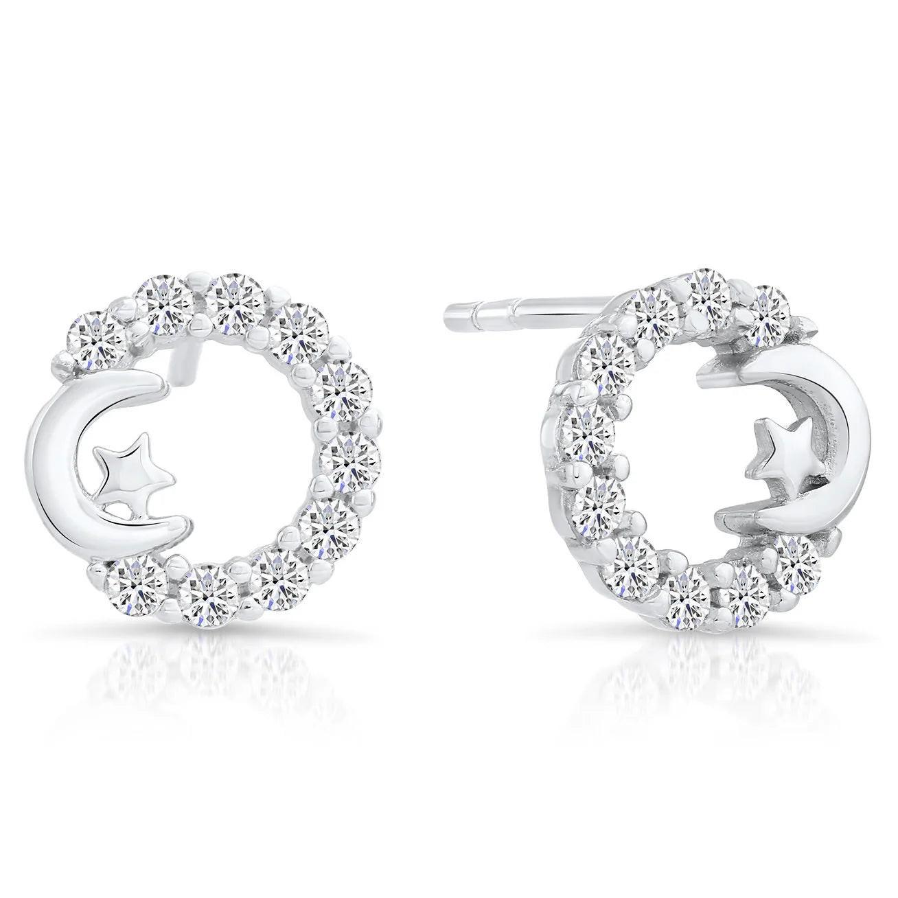 Elegant Sterling Silver CZ Open Circle Star and Crescent Moon Stud Earrings.