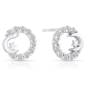 Elegant Sterling Silver CZ Open Circle Star and Crescent Moon Stud Earrings.