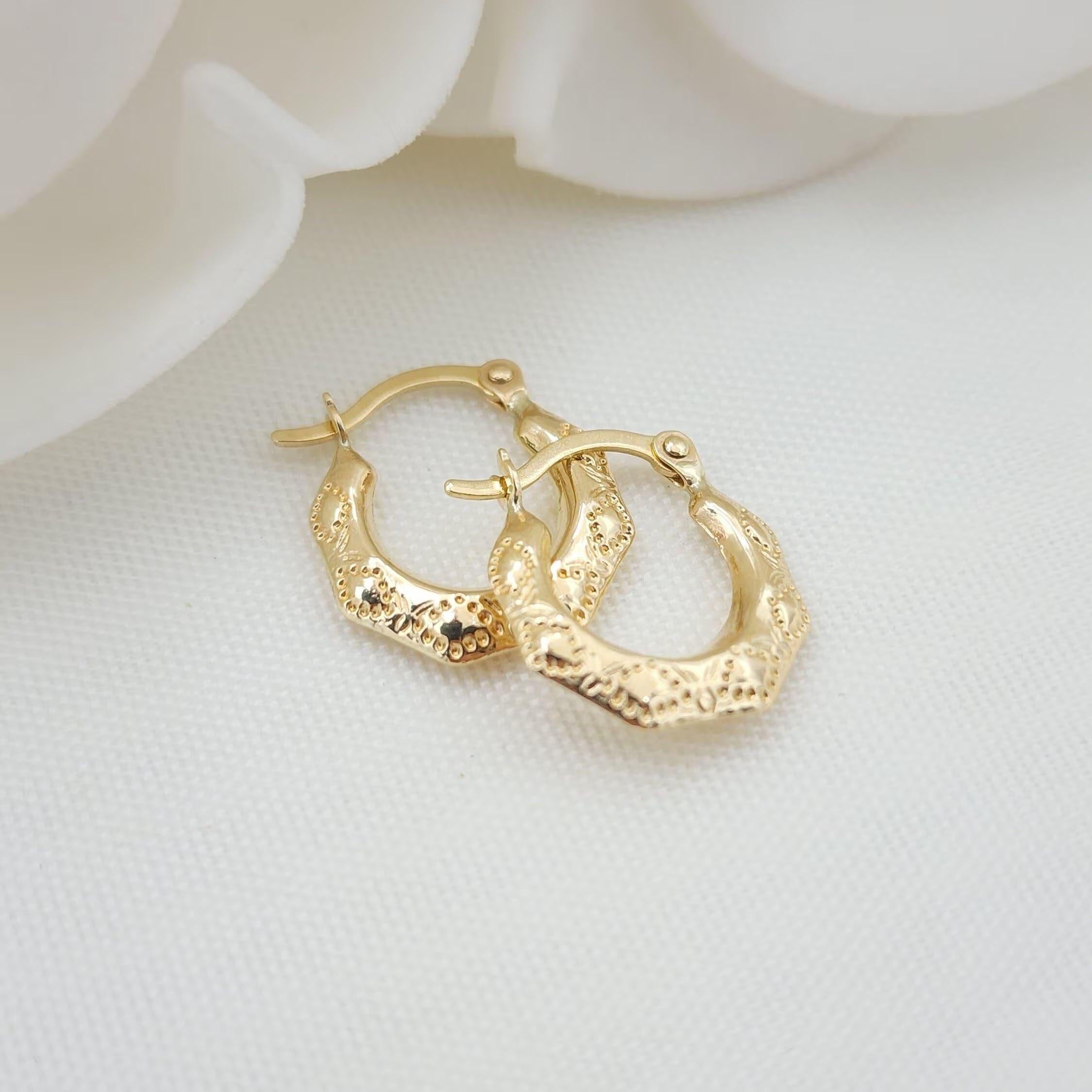Stunning 14K Gold Textured 12mm Hoops - Perfect Earrings for Girls & Kids - Fine Jewelry.