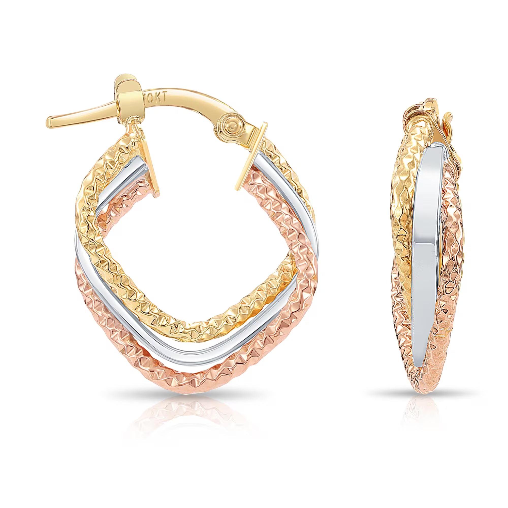 Stunning 10K Tri-Color Diamond-Cut Twist Italian Style Hoop Earrings.
