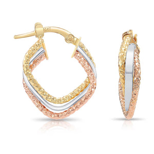Stunning 10K Tri-Color Diamond-Cut Twist Italian Style Hoop Earrings.