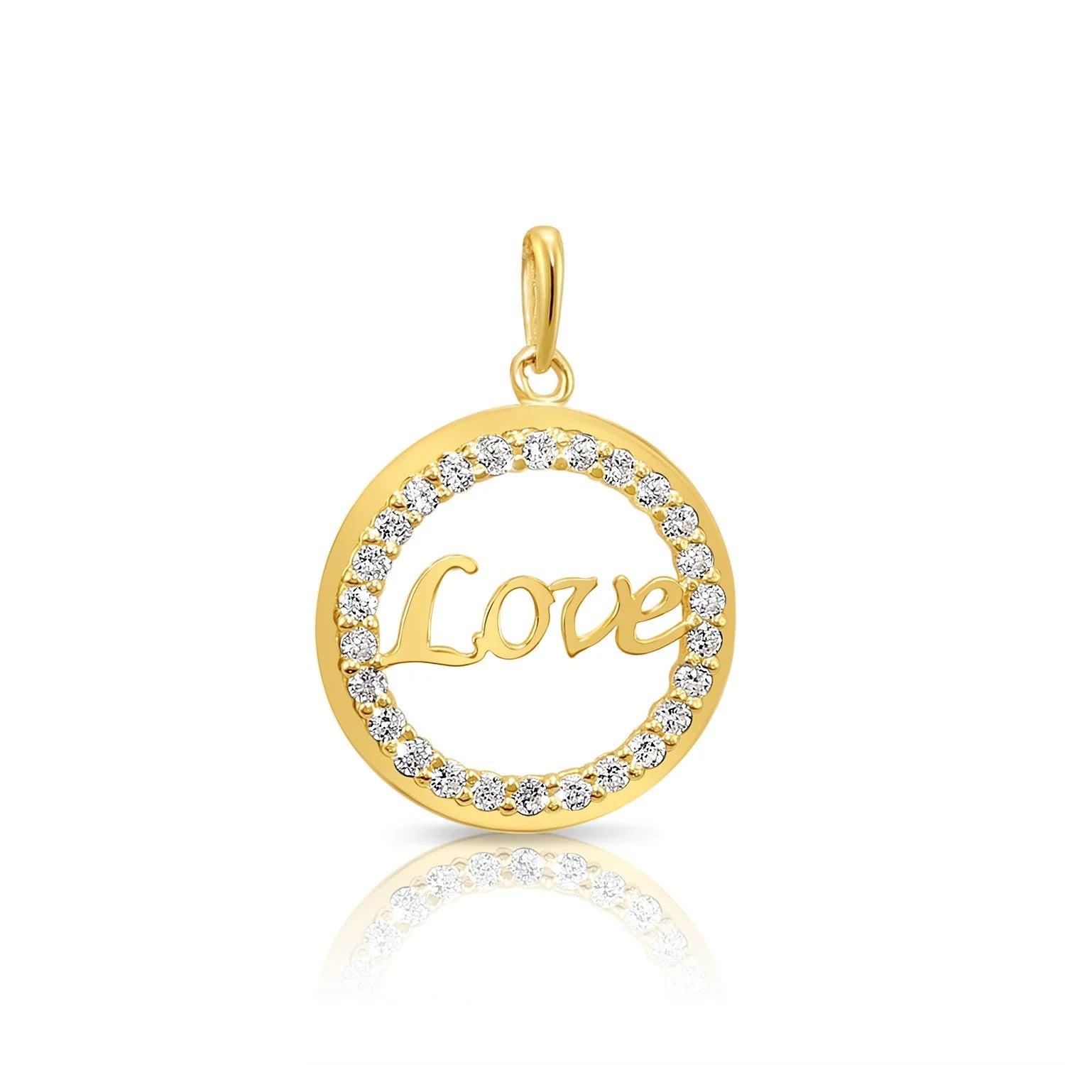 14K Solid Yellow Gold Love Script CZ Pendant Necklace with 18" Cable Chain.