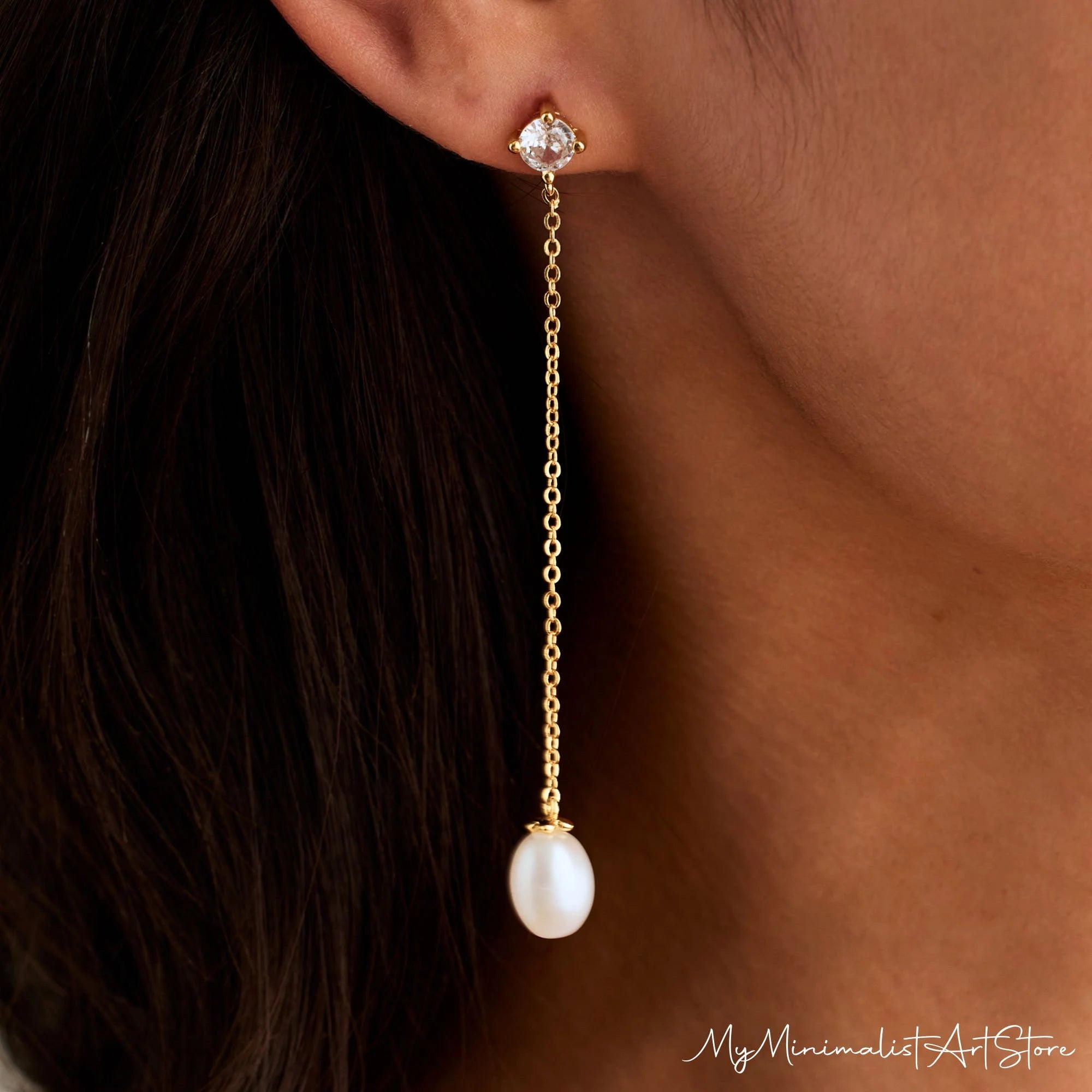 Dainty Pearl Drop Earrings with Diamond, Gold Dangle Earrings, Bridal Earrings, Long Pearl Earrings, Wedding Jewelry,Bridesmaid Gift for Her
