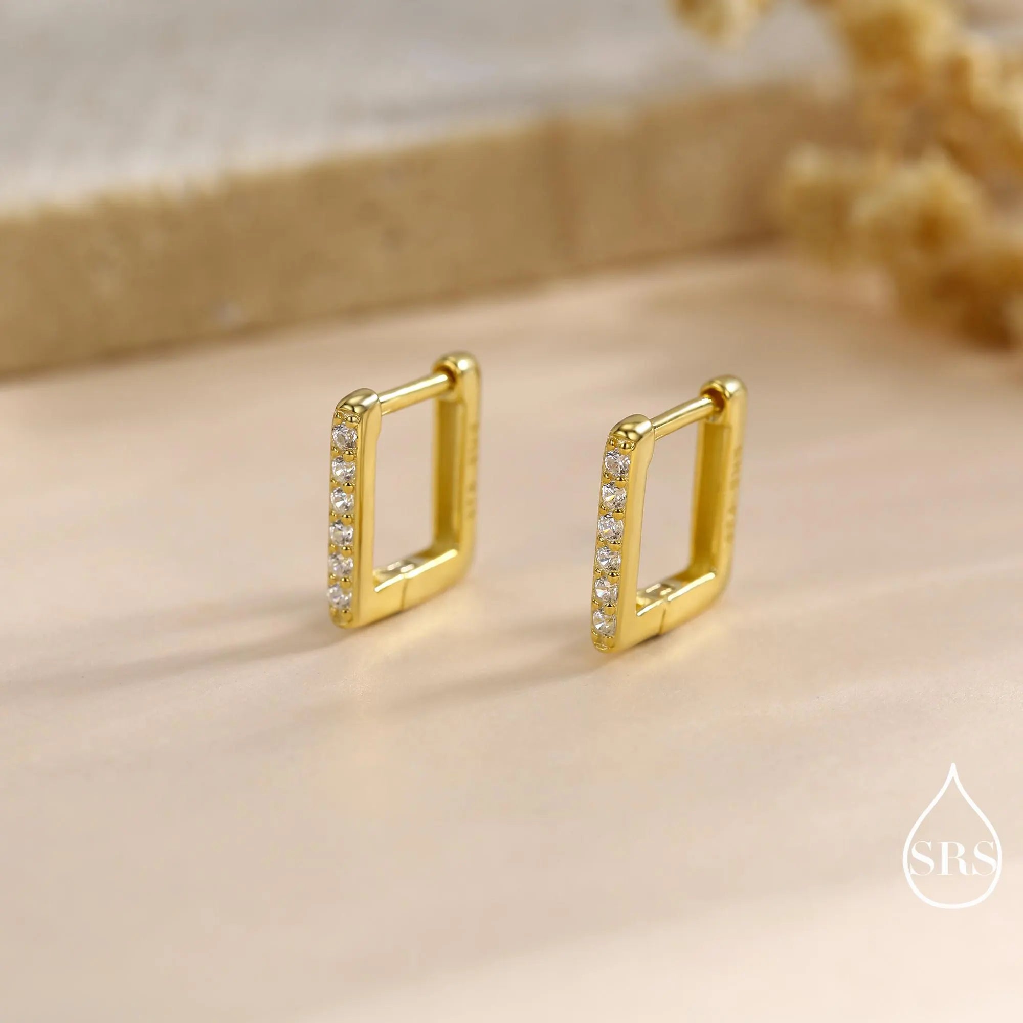 CZ Pave Square Huggie Hoop in Sterling Silver, Skinny Geometric Hoop Earrings, Gold or Silver Finish, 8Mm Minimalist Hoops