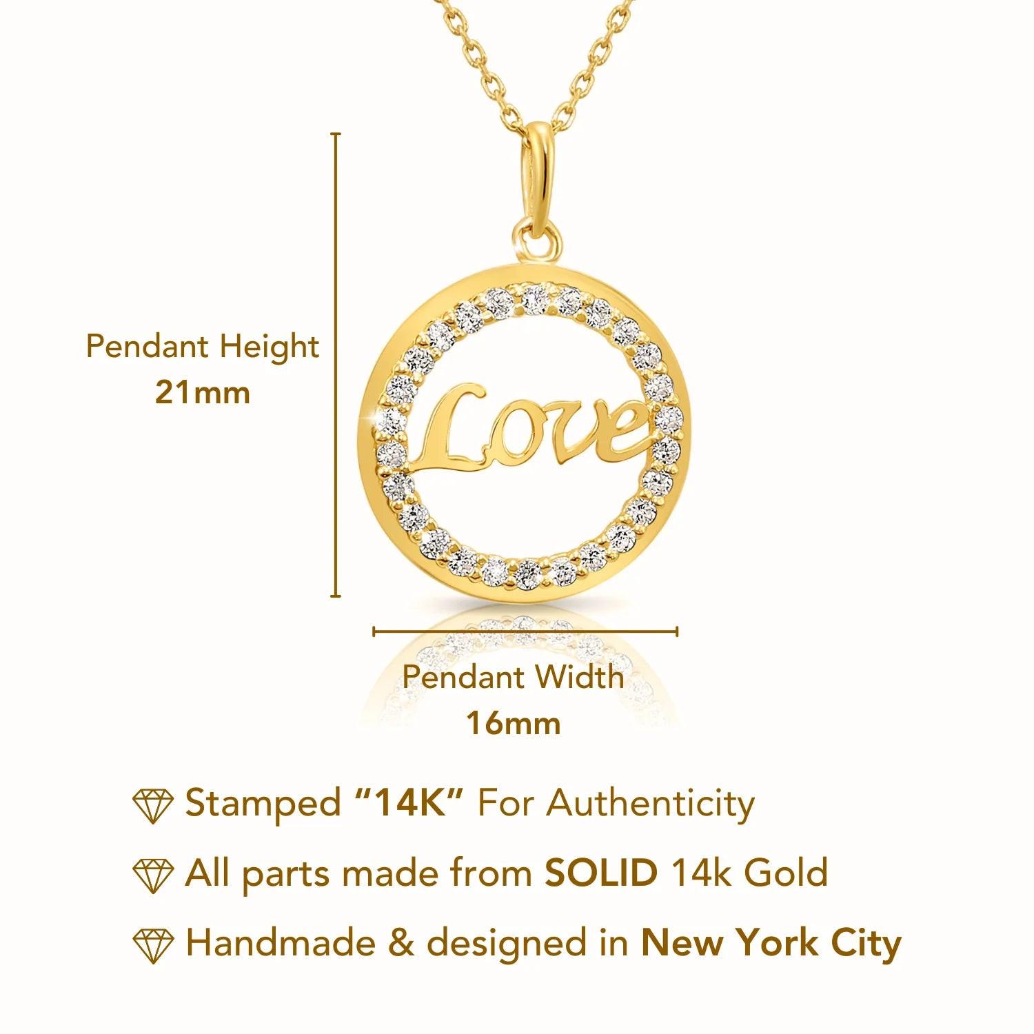14K Solid Yellow Gold Love Script CZ Pendant Necklace with 18" Cable Chain.