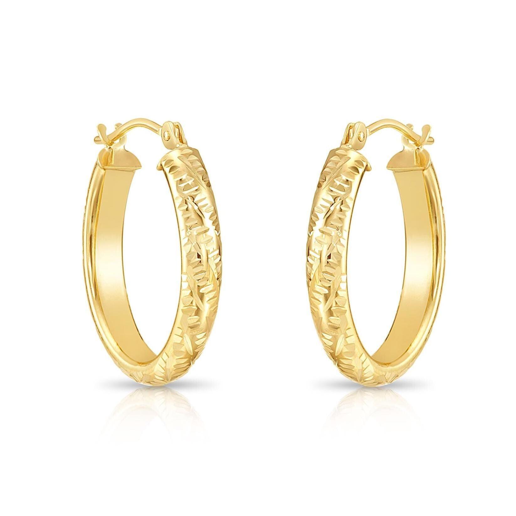 Stunning 14K Solid Gold Oval Hand-Engraved Tornado Pattern Diamond Cut Hoop Earrings.