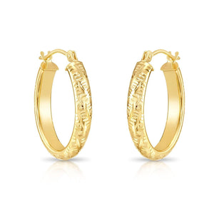 Stunning 14K Solid Gold Oval Hand-Engraved Tornado Pattern Diamond Cut Hoop Earrings.